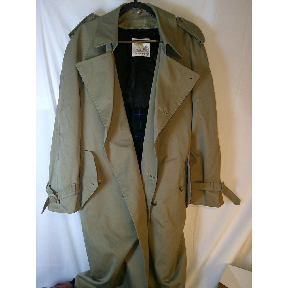 London Towne Mens Vintage Double Breasted Trench Coat Blue Green Plaid Liner 42R